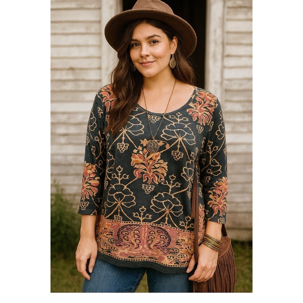 Women's Jane Ashley 3/4 Sleeves‎ Top Blouse Large Multicolor Beaded Scoop Neck